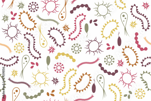 Microorganisms seamless pattern on transparent background. Repetitive vector illustration of viruses and bacteria. 