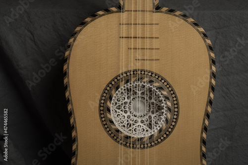 Baroque guitar of the 17th century. Close-up details