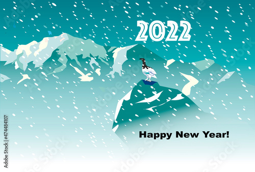 年賀状,雪山の雷鳥のイラストのポストカード