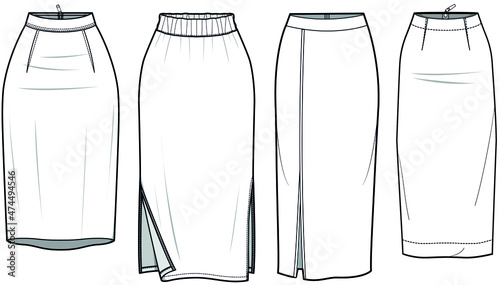 Women Tight Pencil Cut Skirt Styles Fashion Illustration, Vector, CAD, Technical Drawing, Flat Sketch.