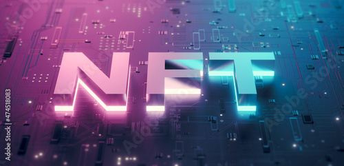 3D Rendering of NFT (Non-Fungible-Token) neon glow text on computer mainboard circuit background. Concept of NFT becomes more popular and well known. Product from crypto currency technology