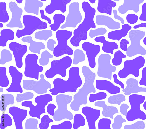 Seamless abstract cow pattern. Simple vector texture - white background with violet shapeless spots, dalmatian print. Trendy design for textile, fabric, wrapping paper.