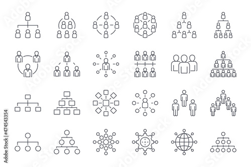 Organization chart hierarchy vector icons. Editable stroke. Organization company head of departments. Enterprise management subordinate structure. Businessman manager employee