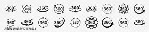 Set of 360 degree views of vector circle icons set isolated from the background. Signs with arrows to indicate the rotation or panoramas to 360 degrees. Vector illustration.