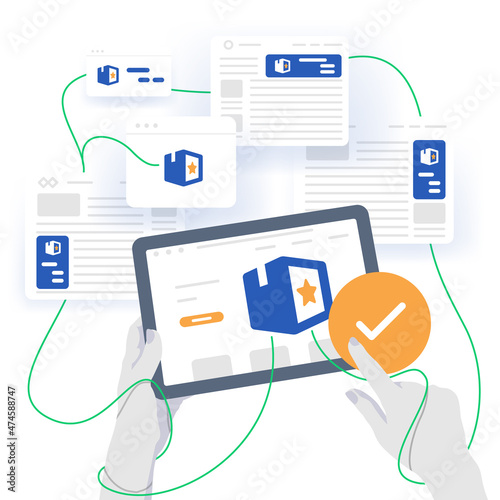 Retargeting advertising concept. Holding the tablet in hands and seeing retargeting ads on different platforms and websites. The path from a visitor to a client. Lead conversion idea