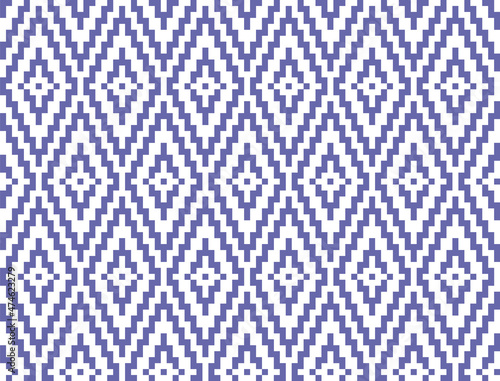 Color of year 2022 very peri background. Geometric seamless pattern with violet pixel art rhombus on white background. Abstract diamond vector pattern. Simple vector illustration. Zigzag design