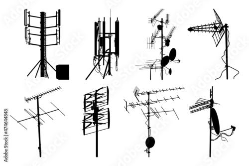 Television antenna icons set isolated on white background. Silhouettes of different television aerials. Tv antenna sign or symbol. Television rooftop antennas. Technology concept. Vector illustration
