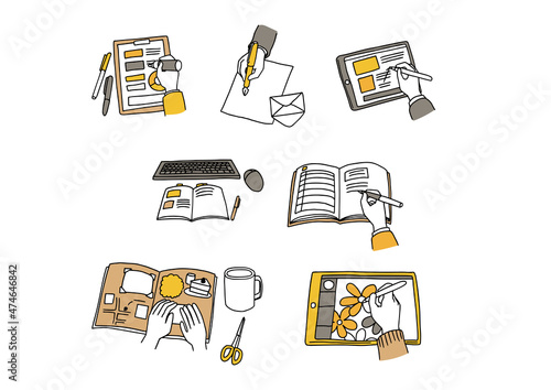 ペンを持つ人の手のイラスト タブレットやスクラップブック、メモや手紙などさまざまなシーンのセット
