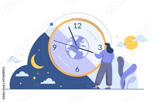 Circadian rhythm concept with tiny woman. Human biological clock to regulate sleep wake and day night cycle. Routine, morning to evening changes, planet movement around sun. Body natural daily rhythms