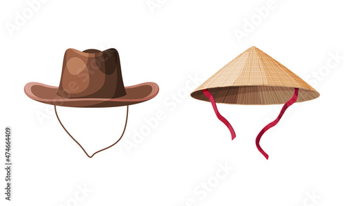 Straw Hat as Brimmed Woven Headdress with Conical Asian and Cowboy Hat Vector Set