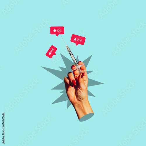 Contemporary art collage of female hand holding syringe with like icons above isolated over blue background