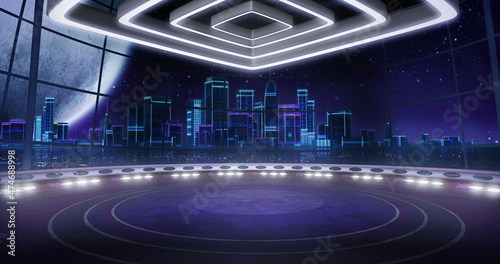 Futuristic, virtual TV show background, ideal for fantasy concept tv shows, or technology launch events. 3D rendering backdrop suitable on VR tracking system stage sets, with green screen