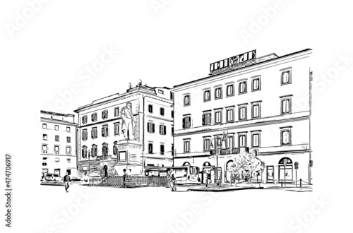 Building view with landmark of Livorno is the city in Italy. Hand drawn sketch illustration in vector.