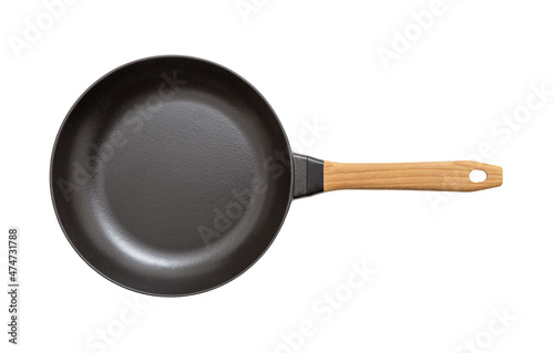 Cast iron frying pan with beech wood handle isolated on white, including clipping path