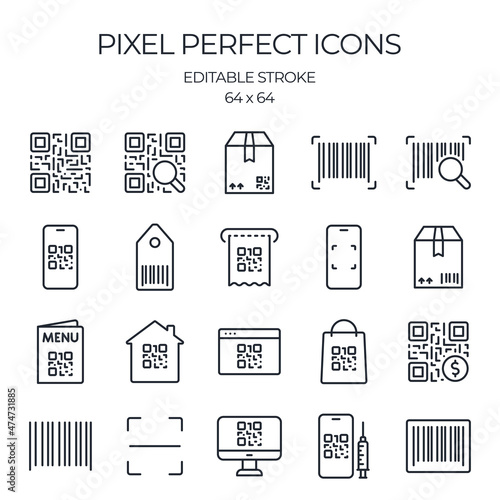 Barcode and Qr code scanning related editable stroke outline icons set isolated on white background flat vector illustration. Pixel perfect. 64 x 64.