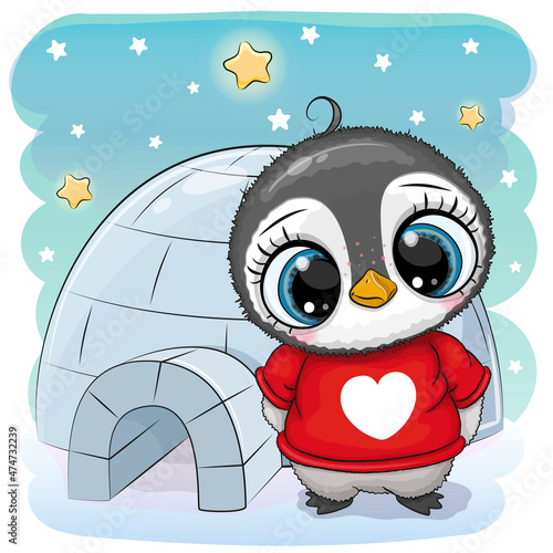 Cartoon Penguin stands near the igloo