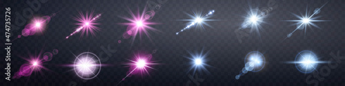 Pink and blue lens flares set. Isolated on transparent background. Sun flash with rays or spotlight and bokeh. Pink glow flare light effect. Vector illustration.