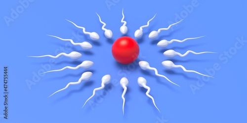 Fertilization. Sperm cells moving to female ovum egg on blue background. 3d illustration