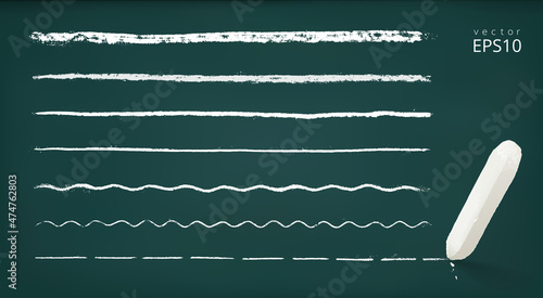 Vector set of horizontal chalk lines with a different thickness. 3d realistic piece of chalk. Detailed borders with a rough grungy texture. Green chalkboard. Straight, wavy, dashed underline strokes