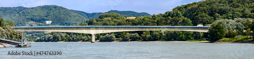 panoramic view of the reinforced concrete bridge across the river Danube in the so called Wachau valley near the village of Melk, Austria