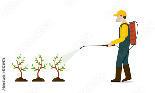 Farmer sprays pesticide or herbicide on agriculture plant. Man spraying chemical or fertilizer to plantation. Treatment of chemical from pest. vector