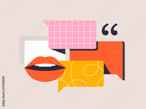 Speech, communication. Open mouth, conversation bubbles and quote symbols. Rhetoric, oratory, public speaking concept. Isolated abstract vector illustration