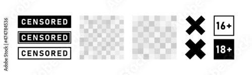 Set of pixel censored signs elements. Black censor bar concept. Blurred grey censorship background. Vector illustration