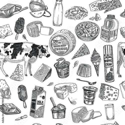 Dairy products seamless pattern. Sketchy dairy products seamless background Food vector. 
