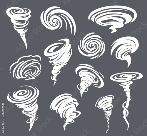 Cartoon tornado, hurricane or twister, cyclone, storm or vortex. Isolated vector tornado and typhoon, white swirls of whirlwind, swirls of storm wind and clouds, natural disaster theme