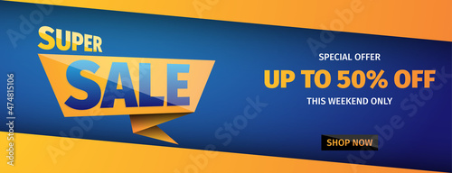 sale banner background design template with blue and orange color