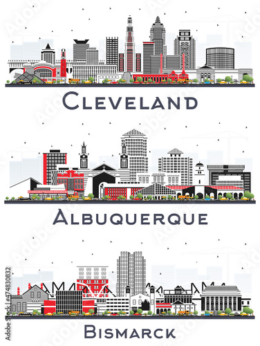 Cleveland Ohio, Bismarck North Dakota and Albuquerque New Mexico City Skyline Set.