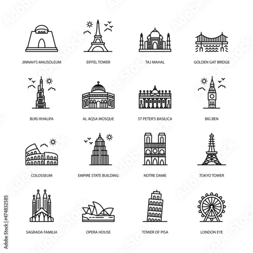 World Landmarks Outline Icons - Stroked, Vectors