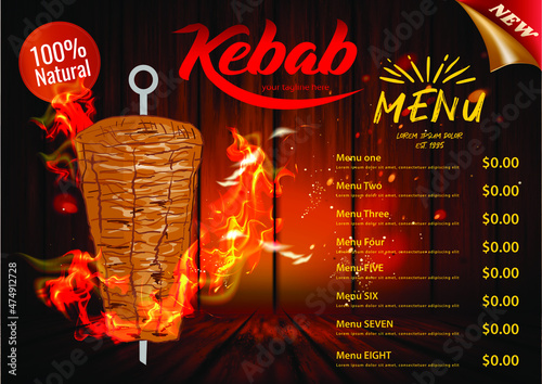 Shawarma cooking and ingredients for kebab. Doner kebab hand drawn. Middle eastern food. Fast food menu design elements. Restaurant cafe menu, template design. Food flyer. Vector.