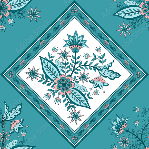 Flower chintz indian pattern seamless vector. Botanical batik scarf print. Paisley background. Asian floral ornament design motif for wallpaper, silk fabric, textile, blanket, clothing, carpet, rug.