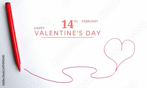 Valentine´s Day, ilustración en 3D de un lapiz de color rojo sobre un hilo del mismo color con un corazón, sobre fondo blanco.