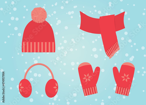 warm knitted winter cloth accessories: hat, scarf, earmuffs and gloves - vector illustration