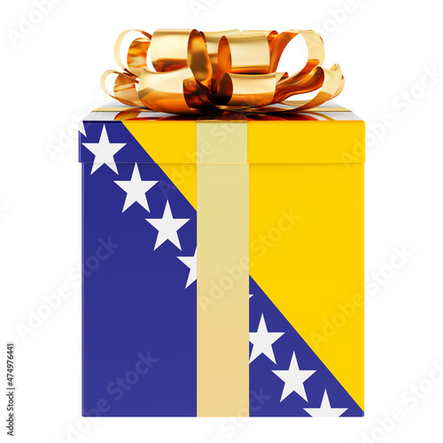 Gift box with Bosnian flag. Holiday in Bosnia and Herzegovina, concept. 3D rendering