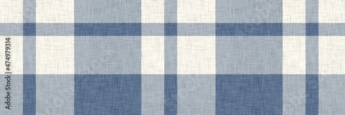 French farmhouse blue plaid check seamless border pattern. Rustic tonal country kitchen gingham fabric effect. Tartan cottage 2 tone background ribbon trim edge.