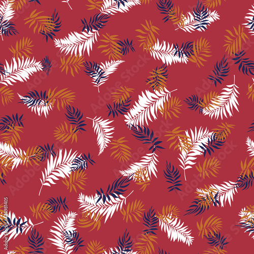seamless pattern in the form of an ornament of multi-colored leaves on a dark red background for prints on fabrics, for clothes, bed linen, as well as for background decoration of illustrations