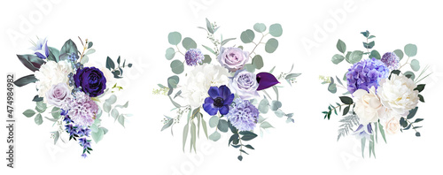 Periwinkle violet, purple anemone, dusty mauve and lilac rose, white hydrangea, hyacinth
