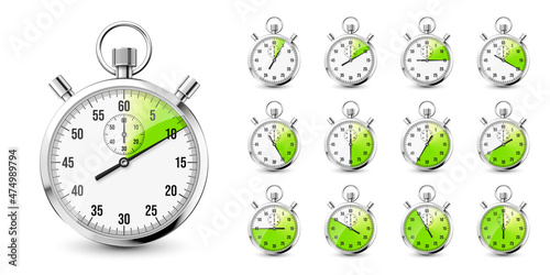 Realistic classic stopwatch icons. Shiny metal chronometer, time counter with dial. Green countdown timer showing minutes and seconds. Time measurement for sport, start and finish. Vector illustration