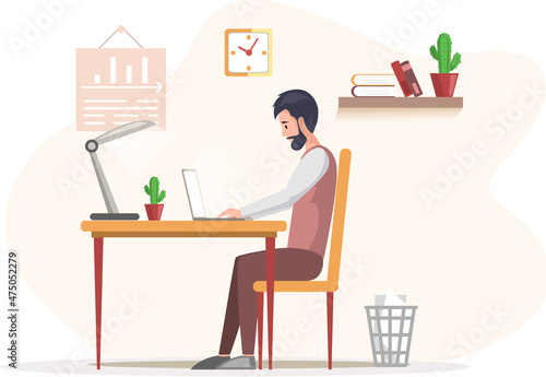 Bearded man, working person sitting at table in room and correspondence surfing Internet. Male character communicating through network on laptop. Freelance, work from home and home office concept