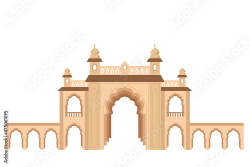 Entrance to the Indian Palace, flat illustration in beige and brown colors, isolated on white background