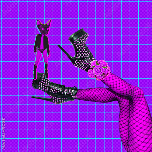 Collage with sexy swag clubbing Kitty and sexy legs in trendy purple space. Modern, Contemporary colorful bright zine design. Nightlife, party, Dj concept
