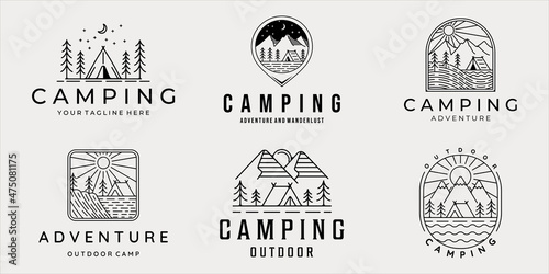 set of camping logo line art simple minimalist vector illustration template icon graphic design. bundle collection of various camp at nature with badge and typography style