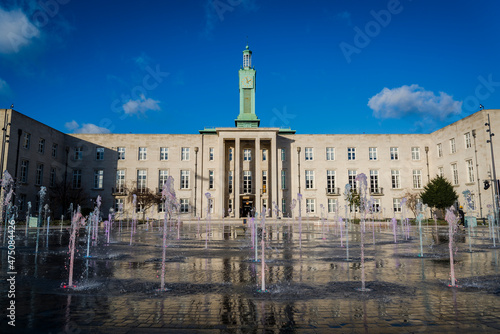 Fountain in front of Waltham Forest Town Hall, a Grade II Listed Building, built in 1942 in Stripped Classicism Architectural Style, Walthamstow, London, England, UK