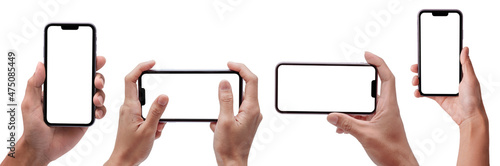 Hand holding smartphone iphone pro max 5G with blank screen and modern frameless design in two rotated perspective positions - mockup isolated on white background - Clipping Path