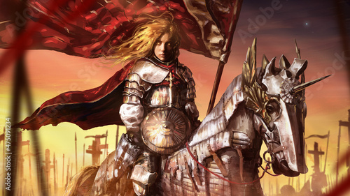 A beautiful female knight with divine golden eyes and hair in shiny plate armor with a red cloak and a flag rides in the middle of the crusader army on an armored horse, behind a bright sunset. 2d art