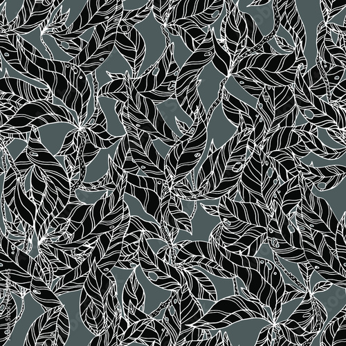 leaves on wooden twigs vector seamless pattern white