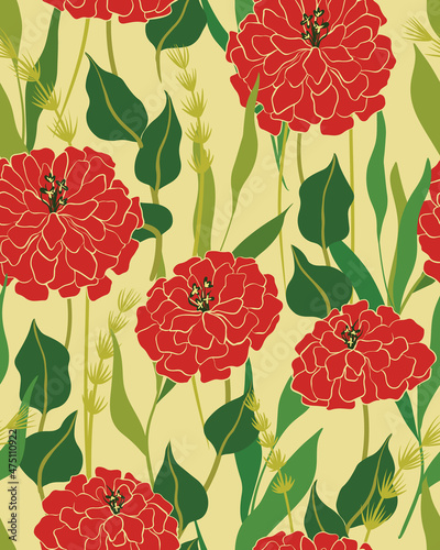 Old fashioned floral pattern with red zinnia flowers and various herbs. Seamless pattern with large red flowers, green leaves and blades of grass. Vector illustration, botanical background design.